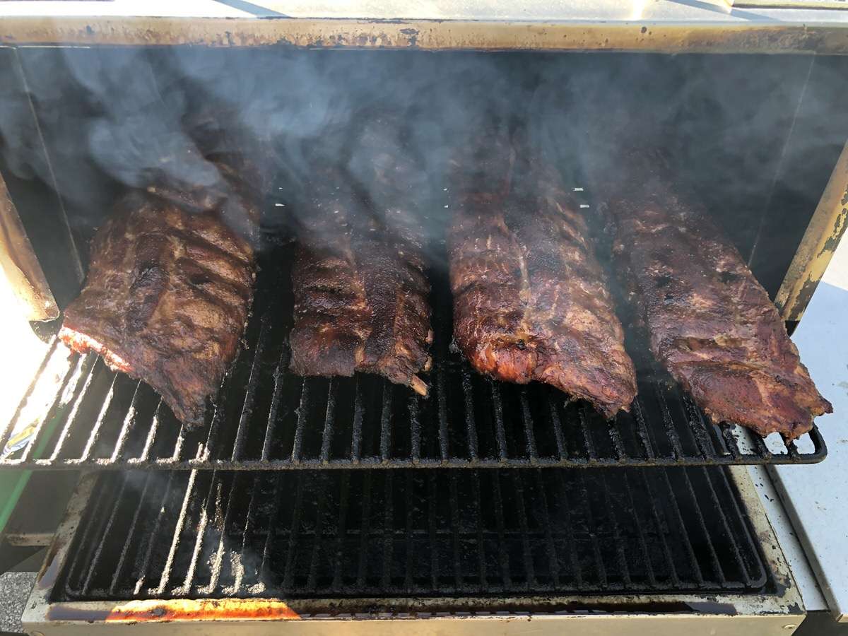 Four racks of baby back ribs on upper full rack on MAK 2 Star General pellet grill. You could easily add four more racks to the bottom grill. What a cooking machine!