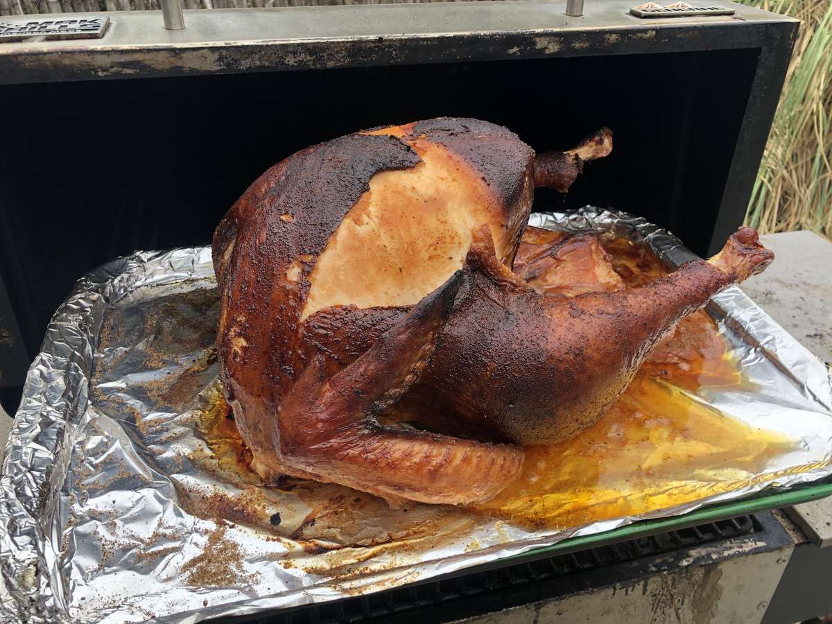 Beautiful color on this turkey cooked on the MAK 2 Star pellet grill. The longer time at the higher heat made for a better bite on the skin.