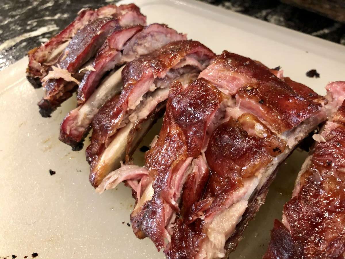Beautiful, mahogancy fall off the bone baby back ribs cooked on the MAK 2 Star pellet grill.