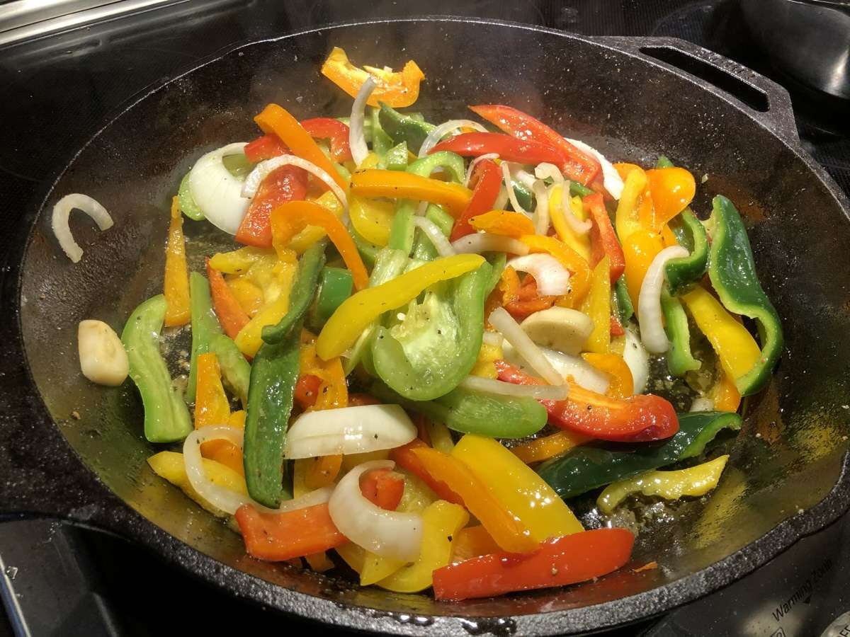Sautéed mixed vegetables in cast iron skillet