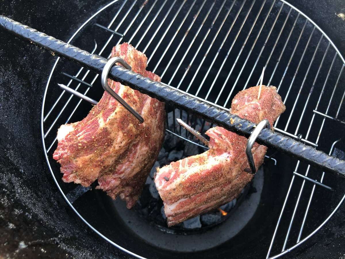 Another set of beef finger ribs hanging on the Pit Barrel Cooker. These ribs were cut a little wider by the butcher.