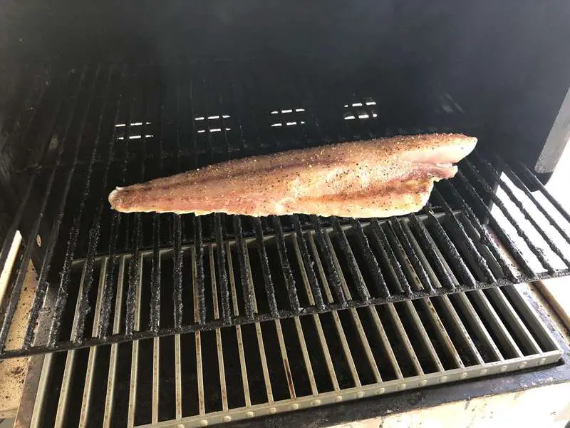 Redfish filet on upper rack of MAK 2 Star General Pellet Grill