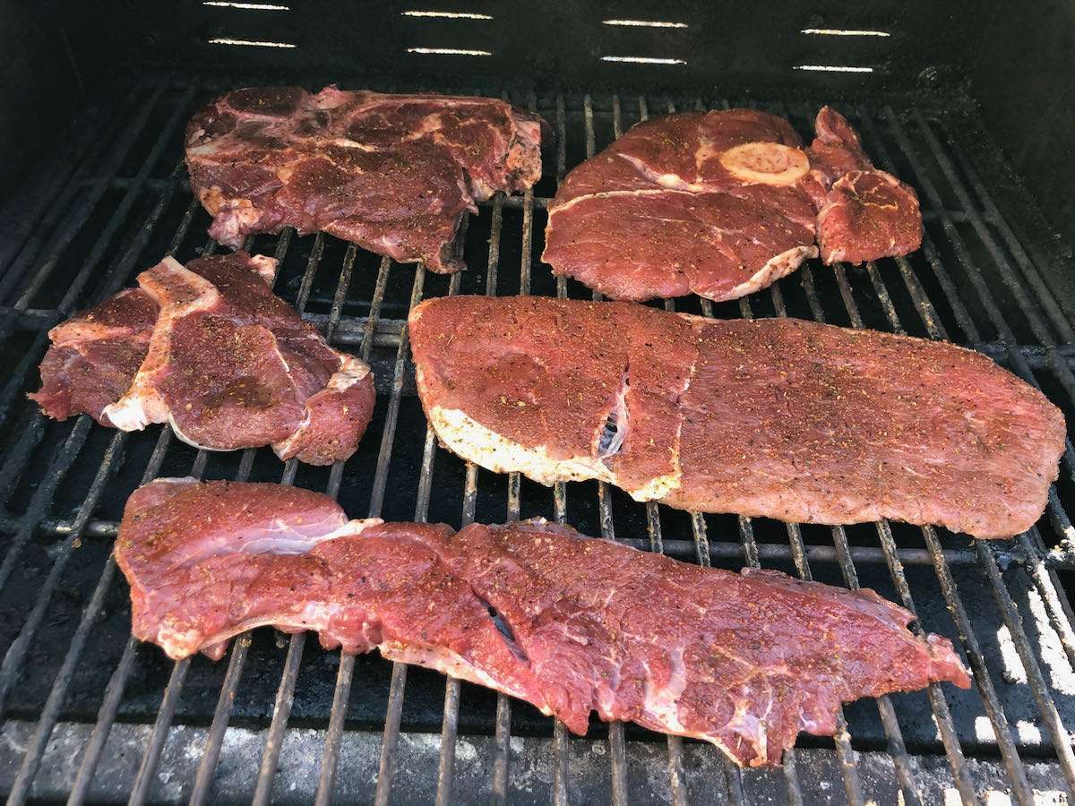 Piedmontese chuck, round, and shoulder cooking on MAK 2 Star pellet grill.