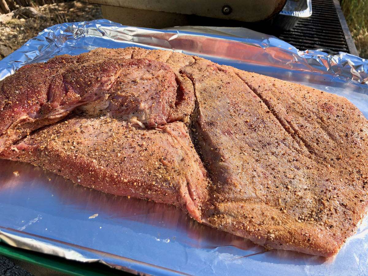 Piedmontese brisket seasoned with Pit Barrel Cooker Beef & Game rub and additional pepper and garlic.