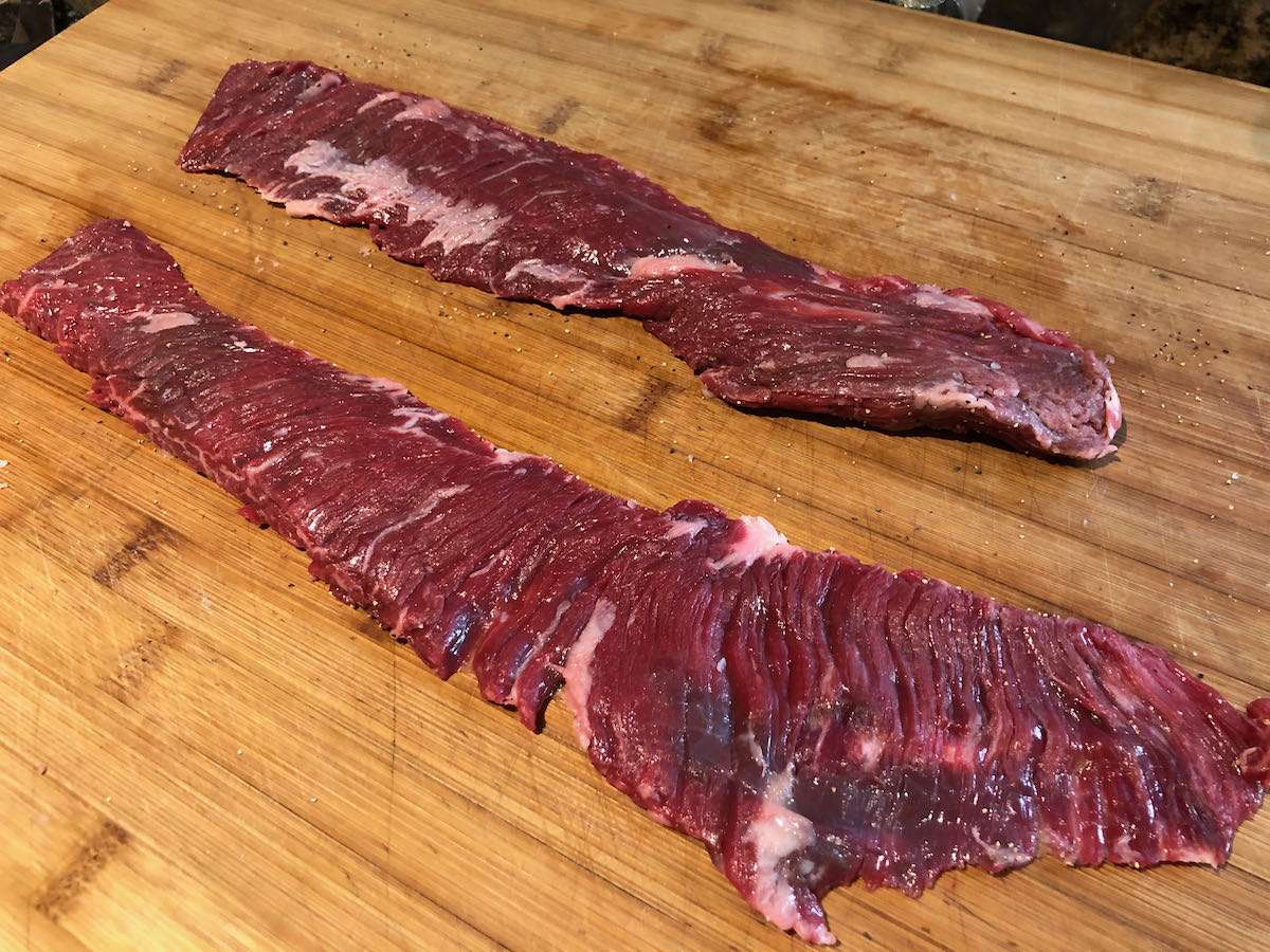 Wagyu outside skirt steak trimmed up and ready for seasoning.
