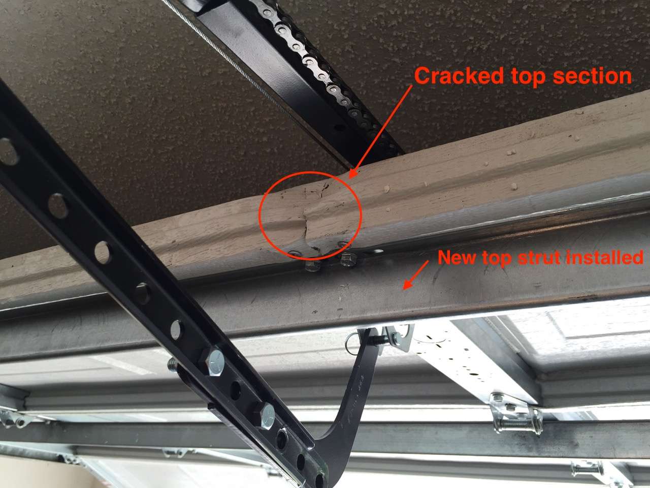 The top section had a crack in it causing it to bend and sag. A reinforcement strut was installed and now the section is straight.