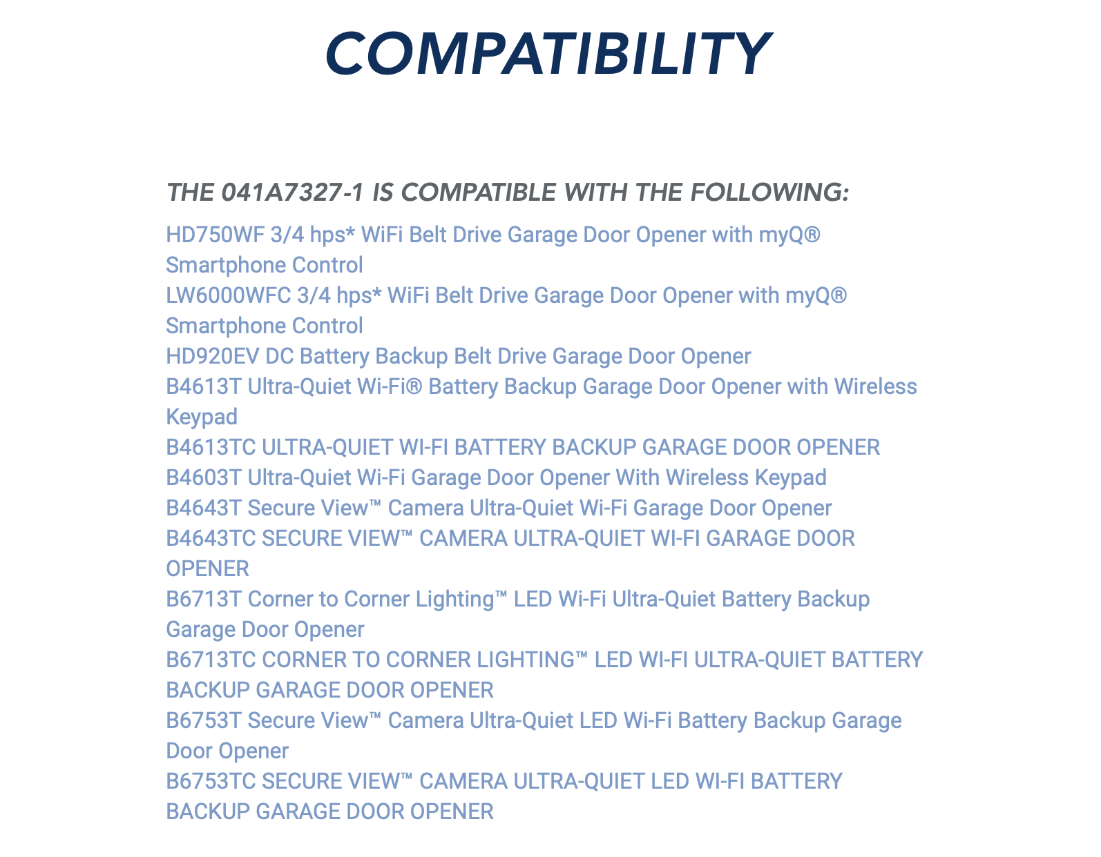 List of Chamberlain models compatible with the Chamberlain 041A7327-1 Timer to Close Control Panel.