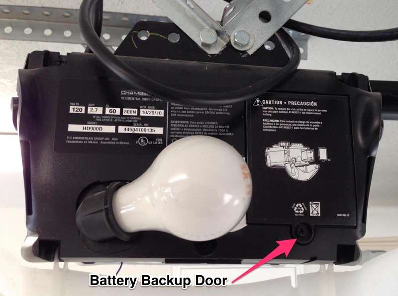 Battery backup door on Chamberlain garage door opener.
