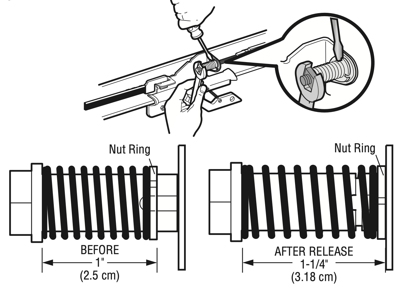 Releasing the spring trolley nut on a LiftMaster belt drive opener. Credit: LiftMaster Owner’s Manual