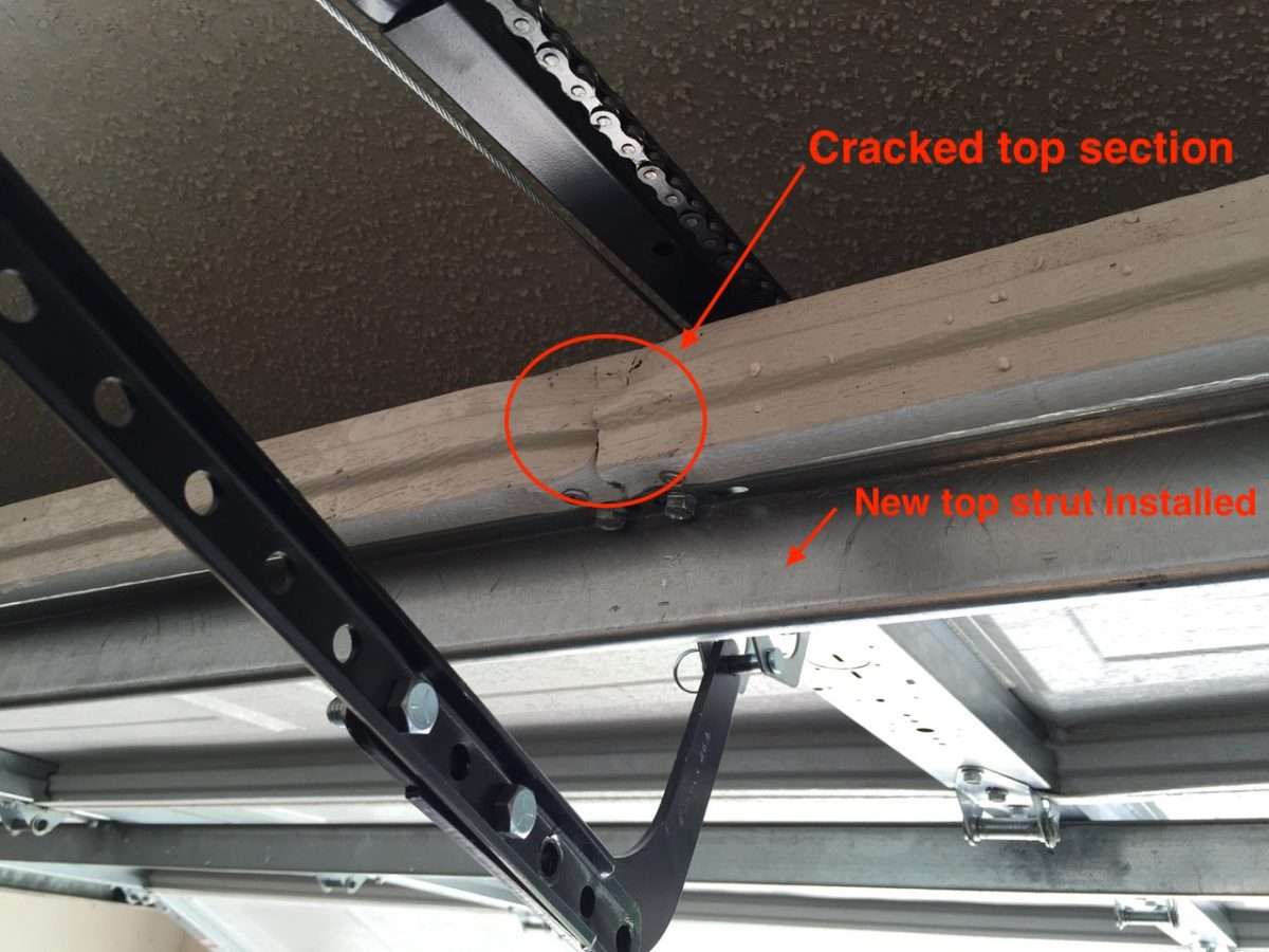 Reinforcement strut used to straighten cracked top section on garage door.