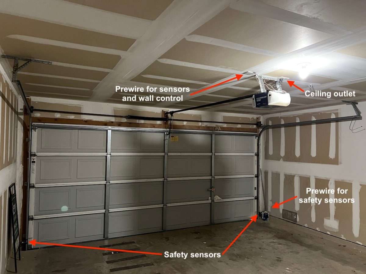 Prewire and ceiling outlet locations for a standard trolley garage door opener.